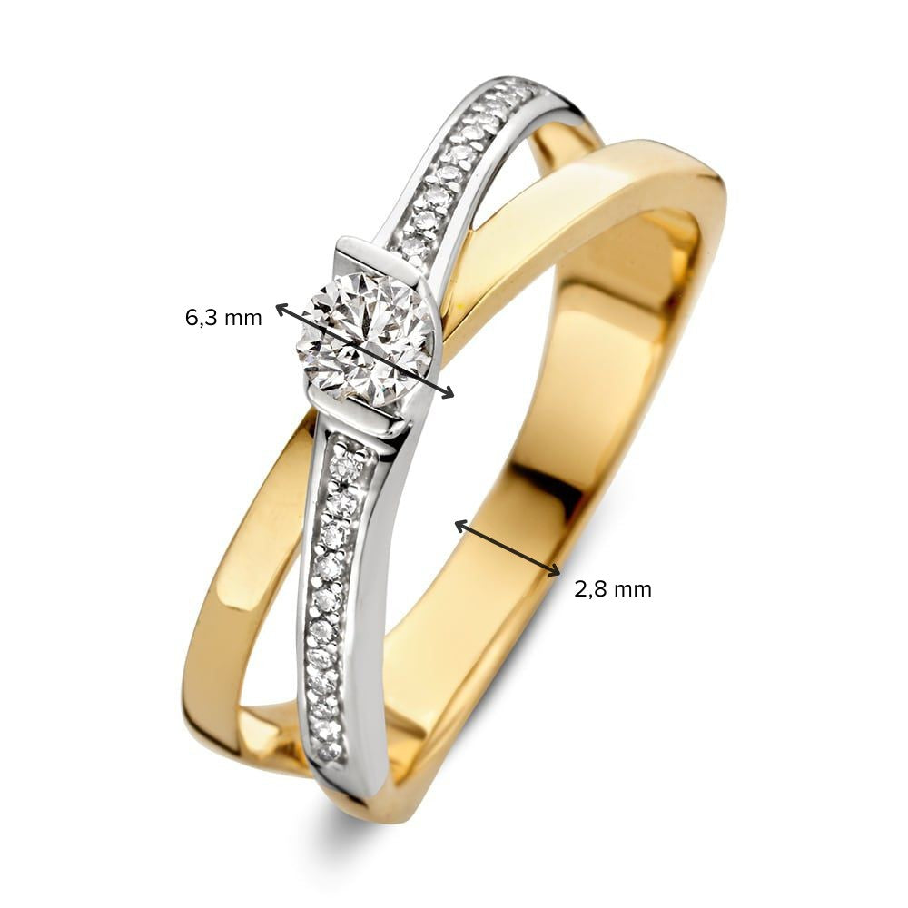Anillo bicolor de oro amarillo y oro blanco con diamantes – 0,22 ct brillante y 22 pequeños diamantes