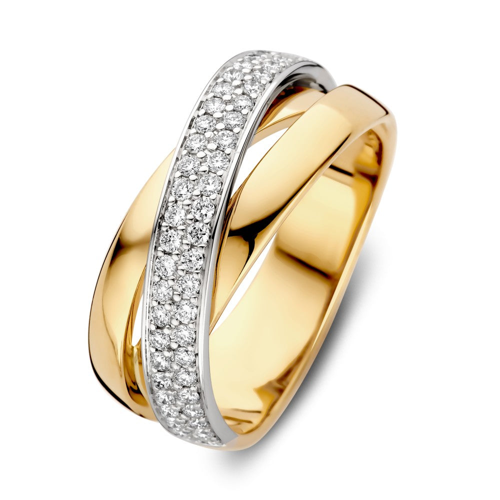 Anillo de lujo con diamante brillante de 0,37 ct, en oro amarillo y blanco, con diseño entrelazado.