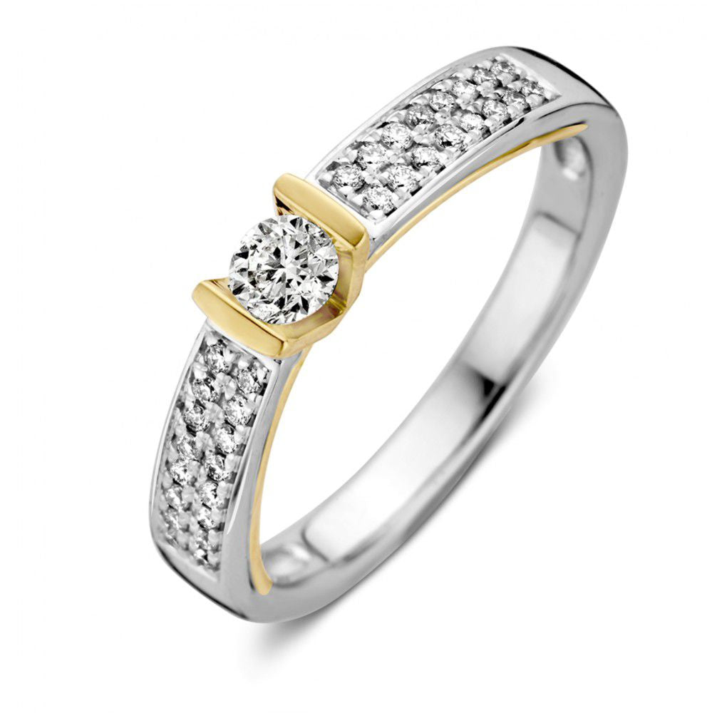 Pendientes bicolor de oro con diamante de 0.38 ct, 14 quilates, con diseño brillante.