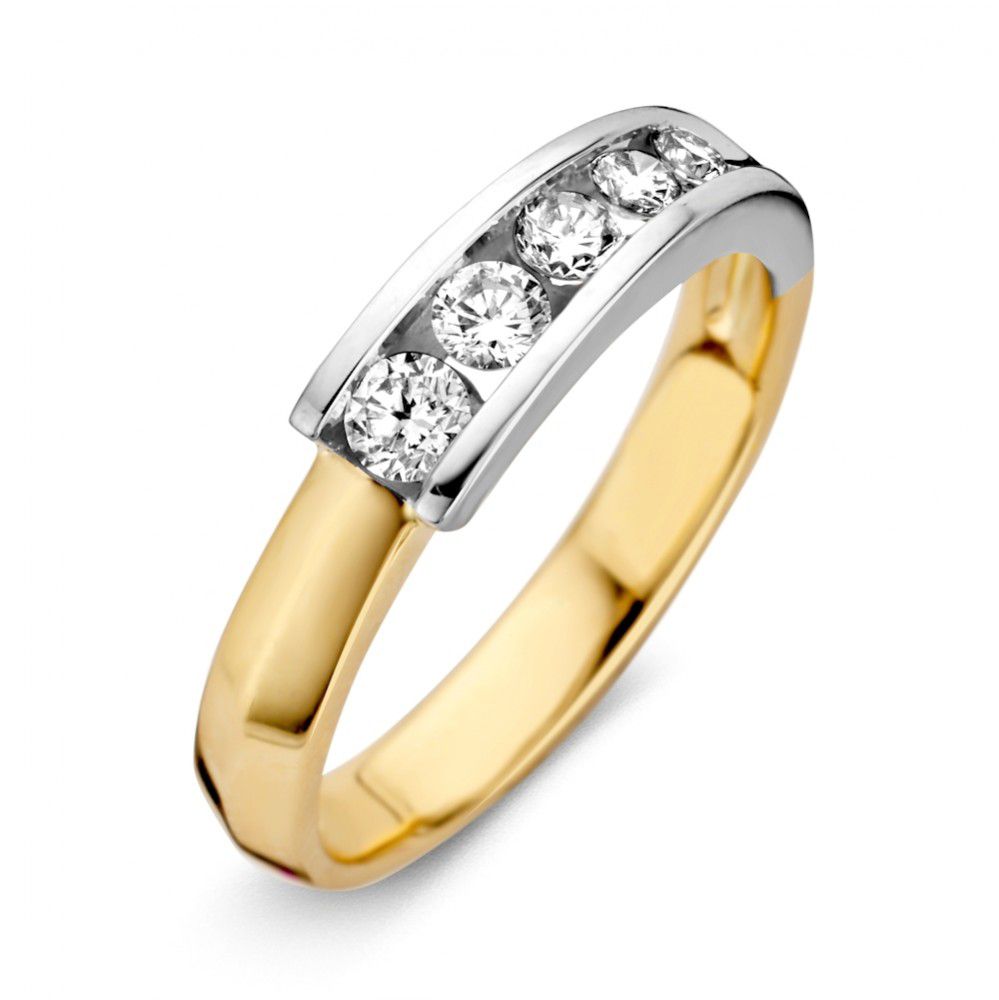 Anillo bicolor de oro blanco y amarillo para dama con cinco diamantes (0.41 ct).