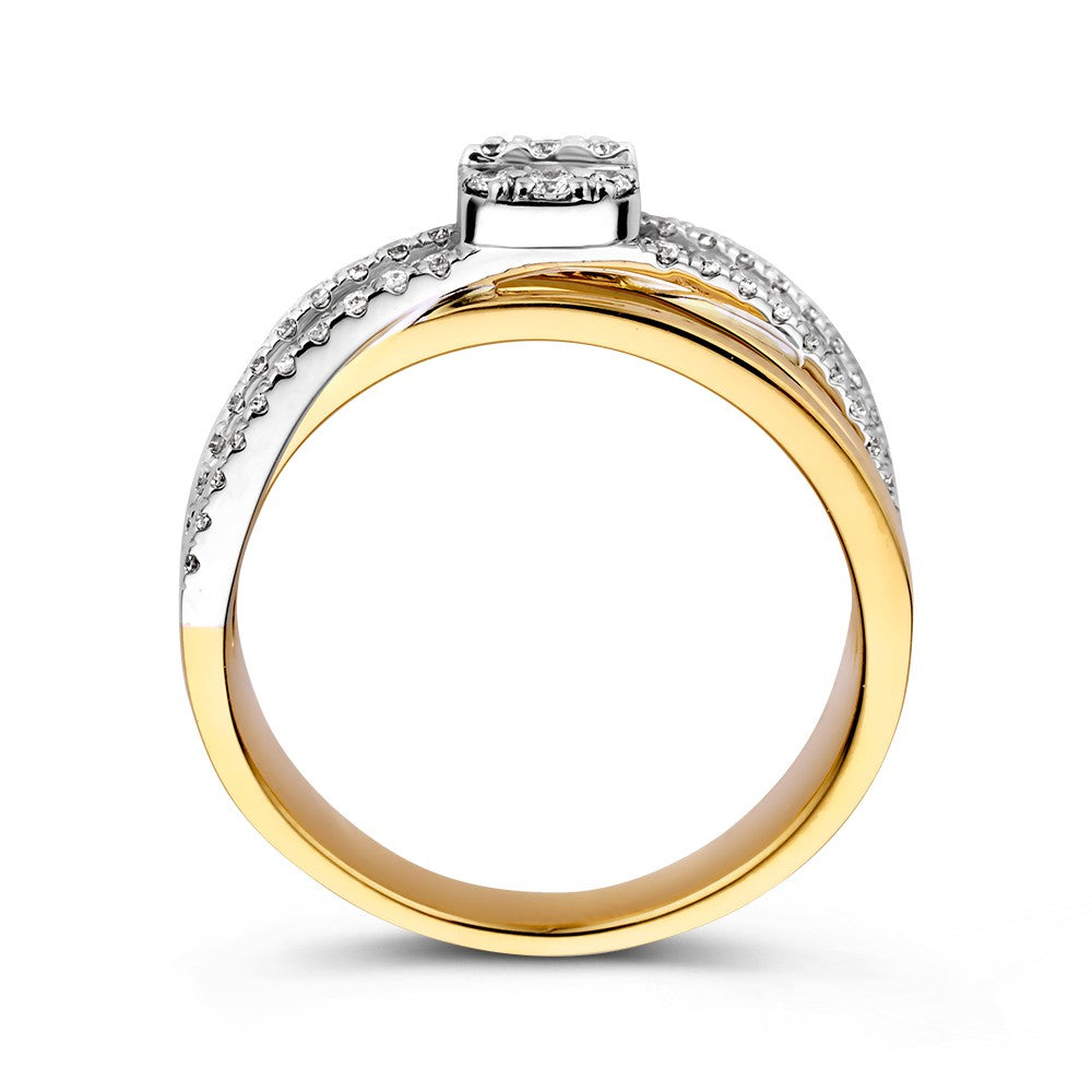 Anillo de lujo Crossover con diamantes baguette y brillantes de 0.53ct en oro amarillo/blanco de 14k