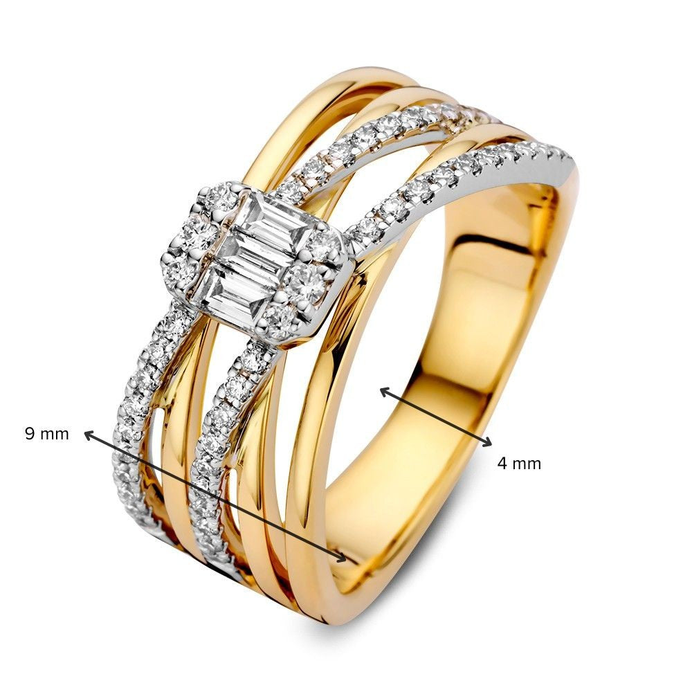 Anillo de lujo Crossover con diamantes baguette y brillantes de 0.53ct en oro amarillo/blanco de 14k
