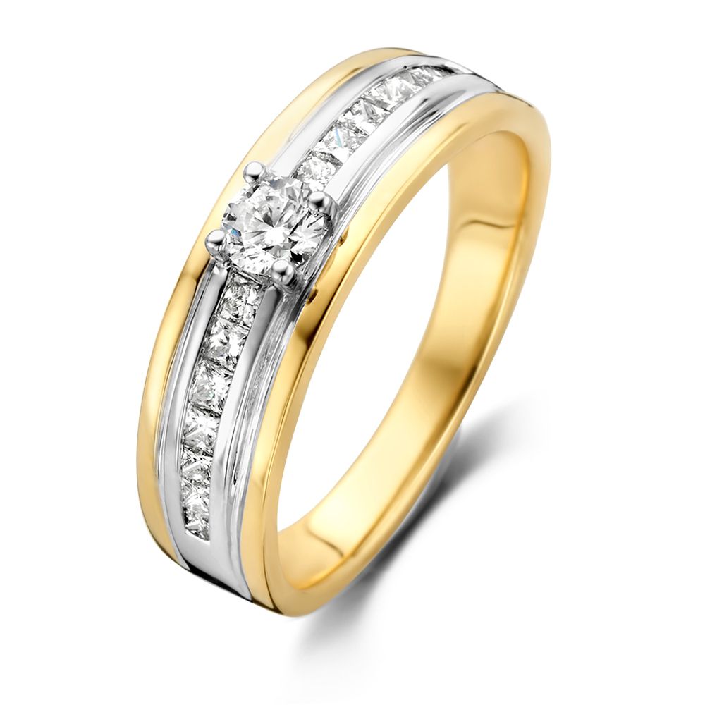Anillo elegante de banda de oro amarillo con diamante brillante de 0.54 ct y detalles en plata.