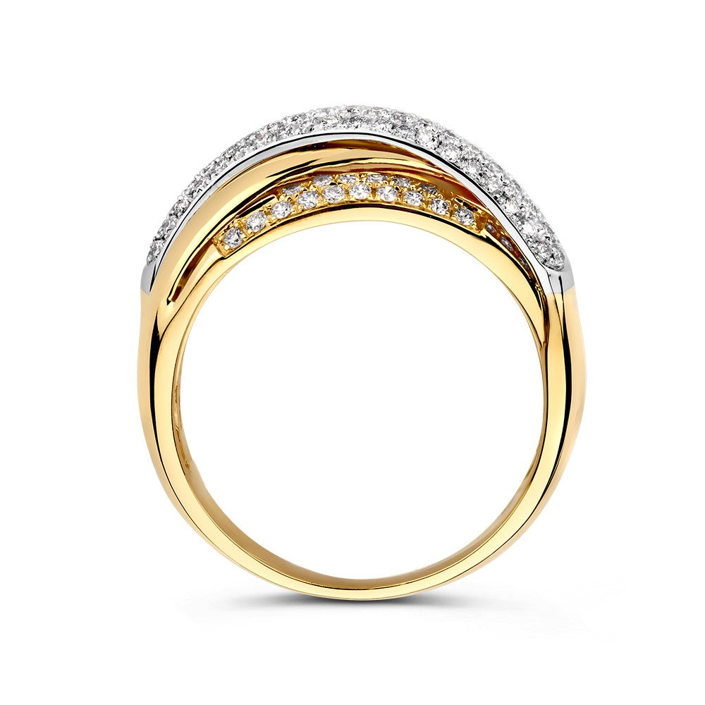 Espléndido Anillo Crossover Bicolor de Oro Blanco y Oro Amarillo con Diamantes Pavé