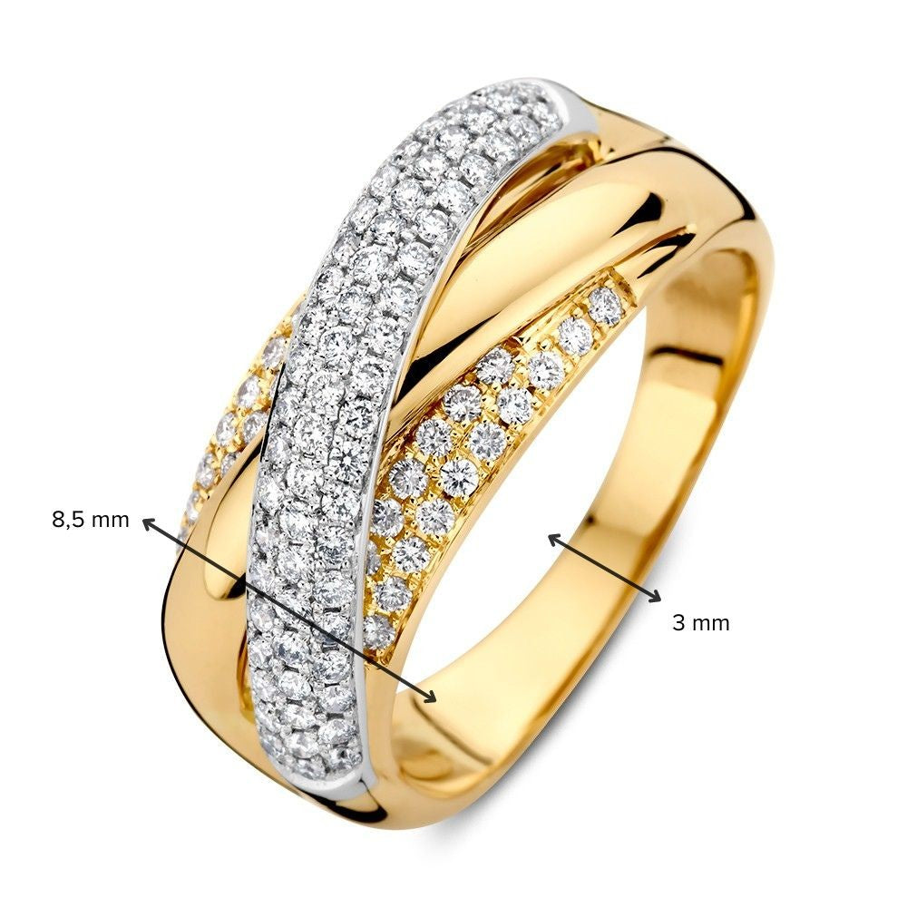 Espléndido Anillo Crossover Bicolor de Oro Blanco y Oro Amarillo con Diamantes Pavé