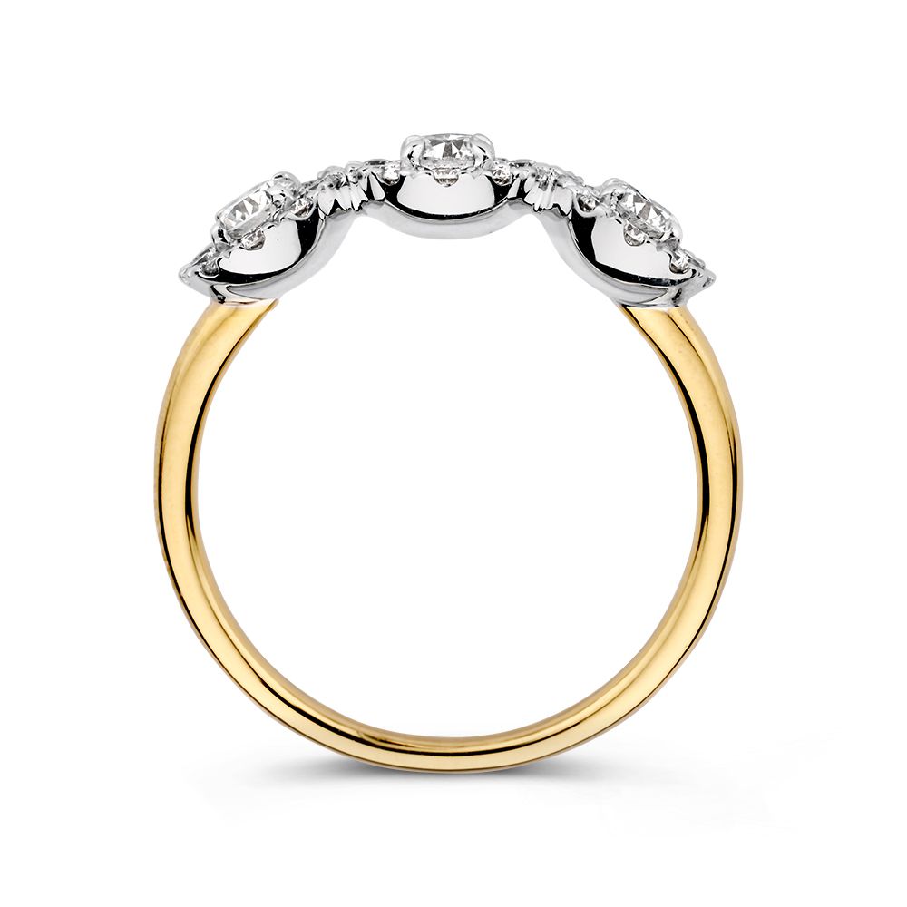 Anillo de tres piedras bicolor de oro con diamantes 0.81ct H/SI-1 14 quilates