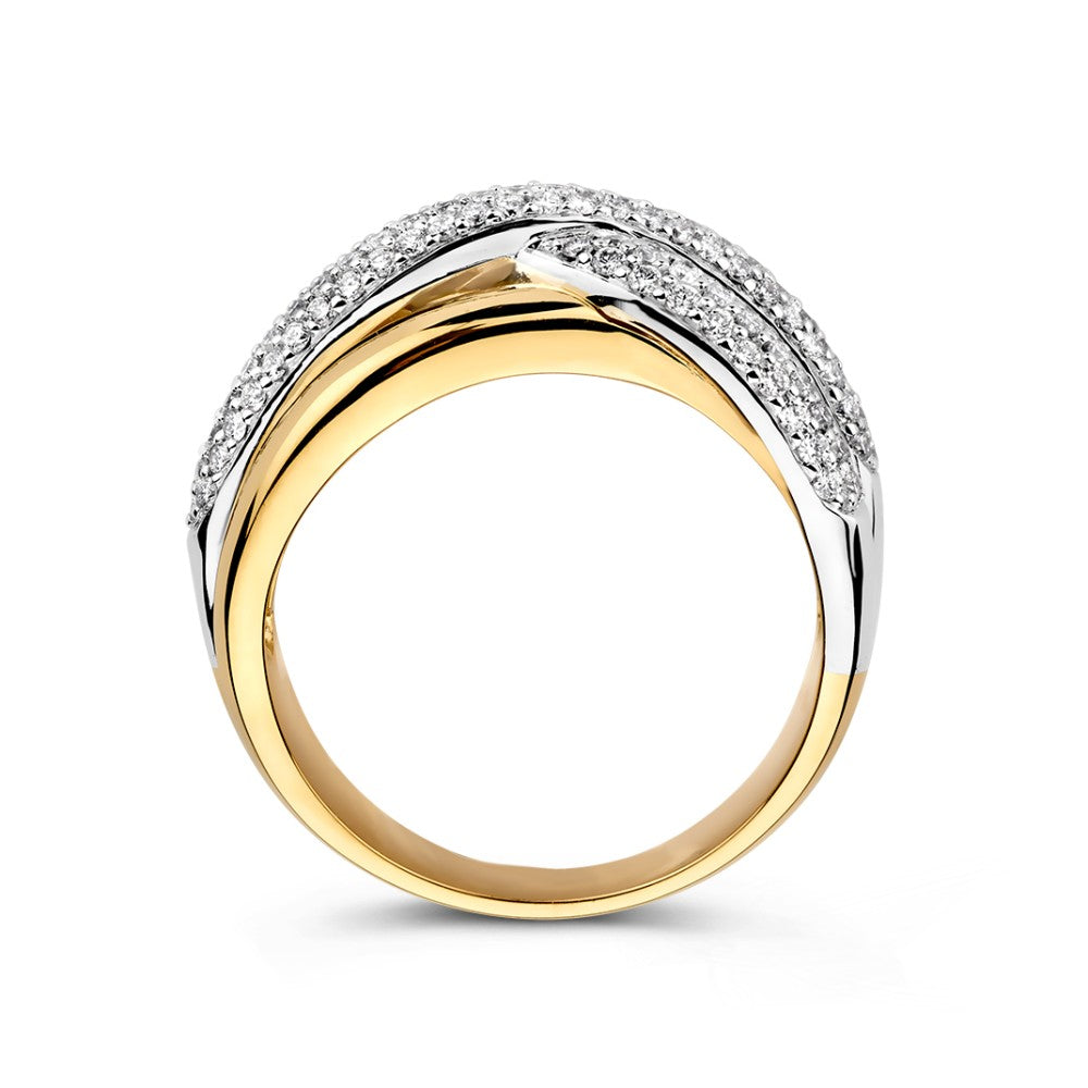 Anillo bicolor de oro blanco y oro amarillo con diamantes en divertidas bandas cruzadas