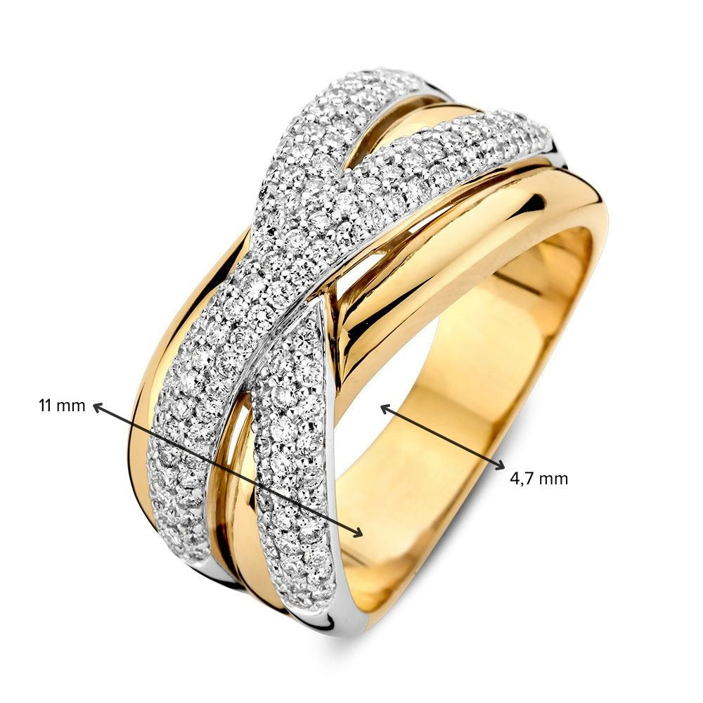 Anillo bicolor de oro blanco y oro amarillo con diamantes en divertidas bandas cruzadas