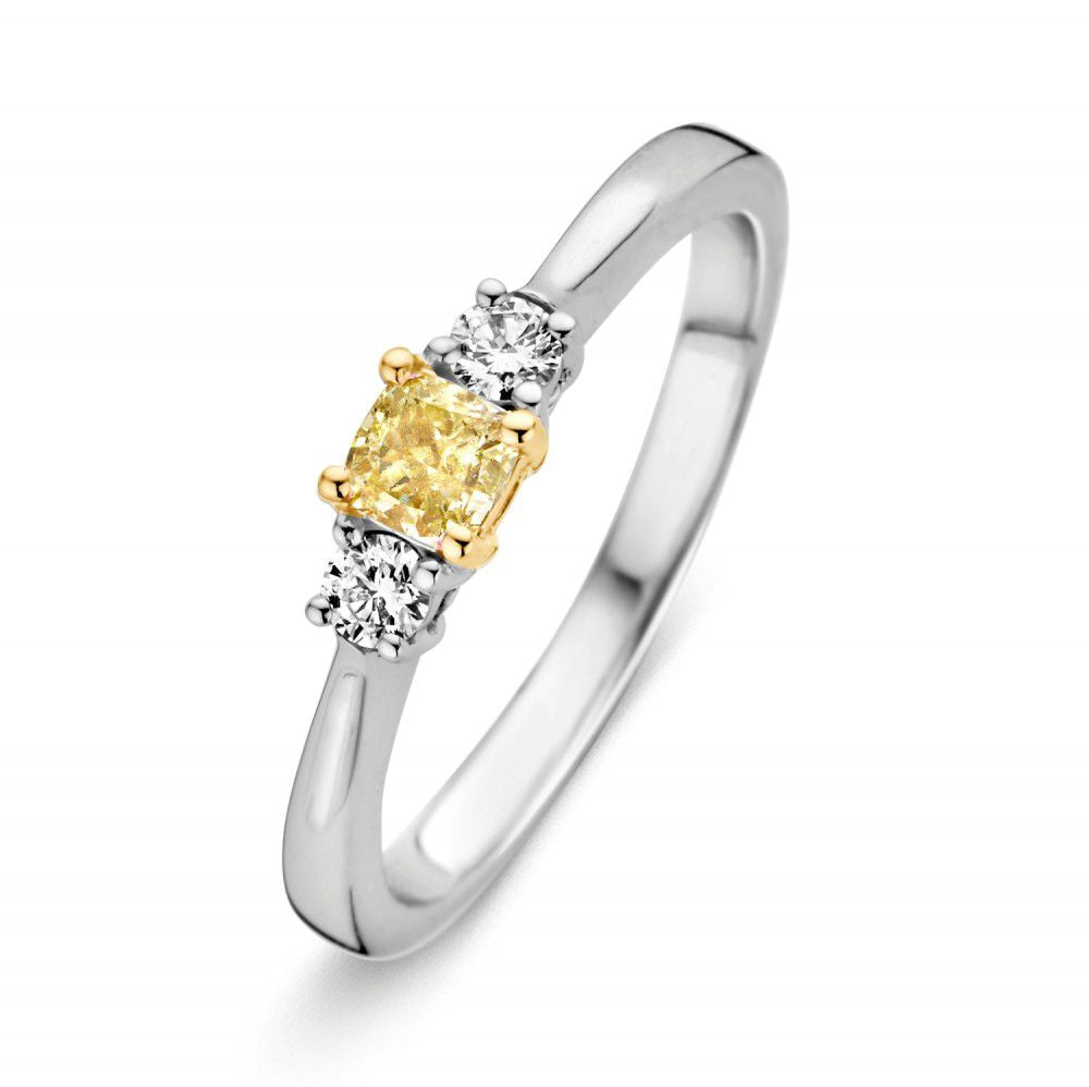 Anillo de dama de oro blanco de 14 quilates con diamante amarillo en forma de cojín y diamantes.