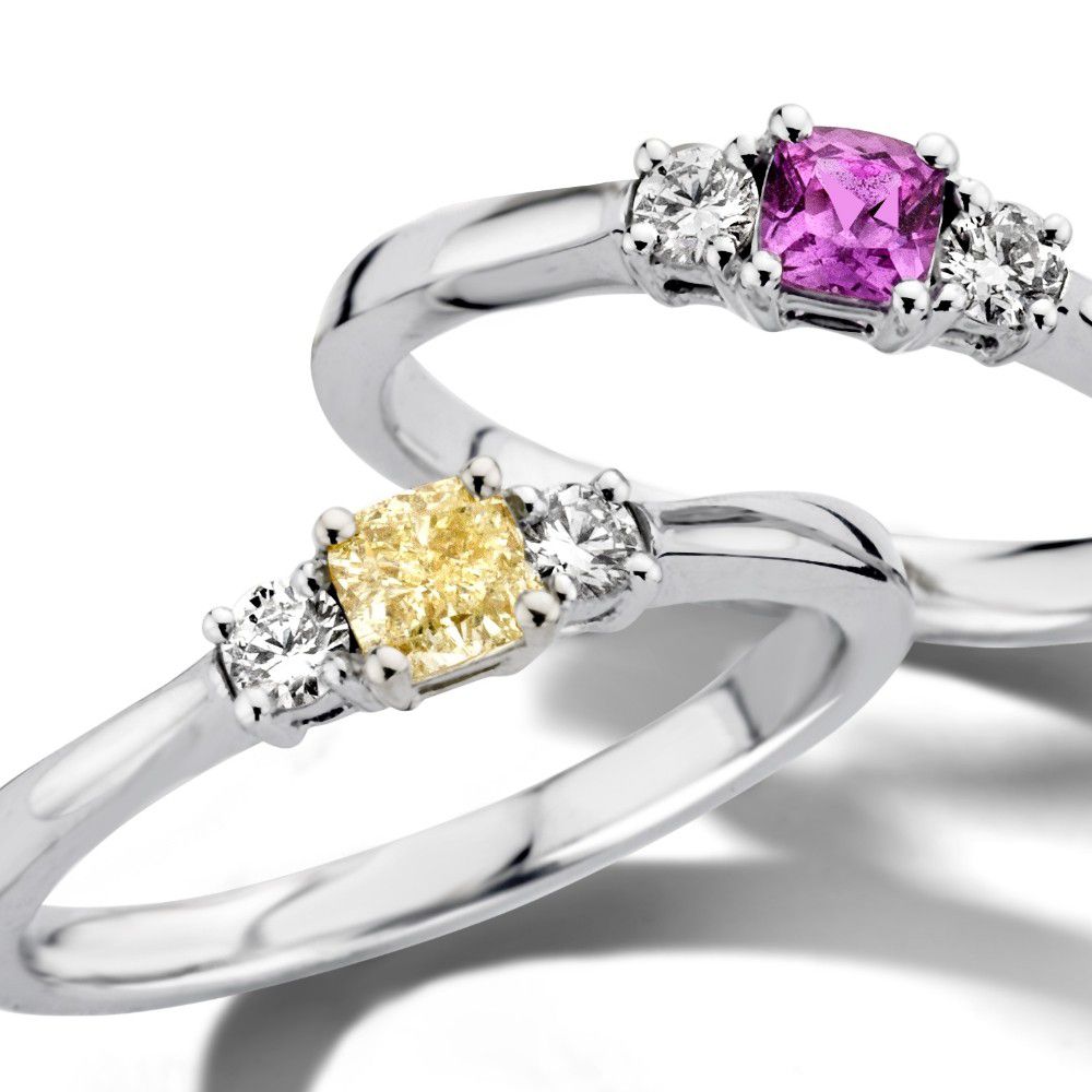 Anillo de mujer de oro blanco de 14 quilates con diamante amarillo cushion y diamantes