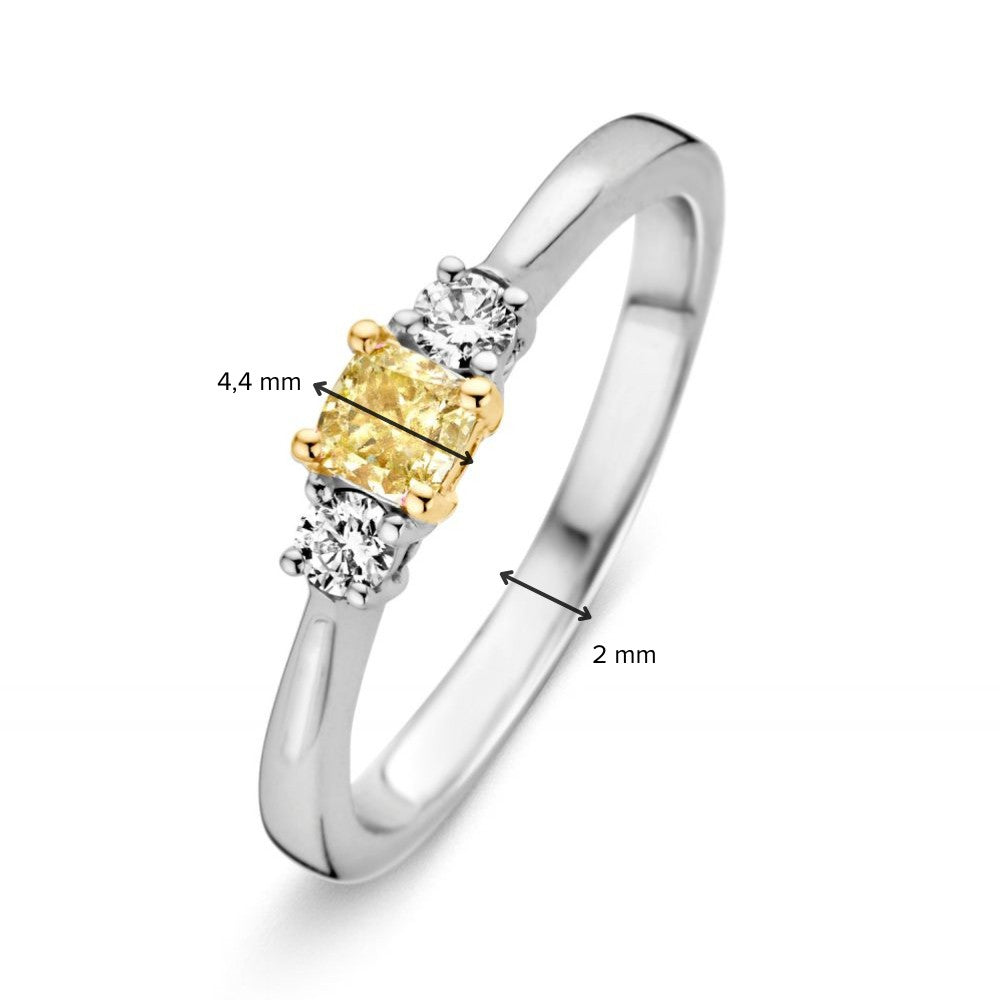Anillo de mujer de oro blanco de 14 quilates con diamante amarillo cushion y diamantes
