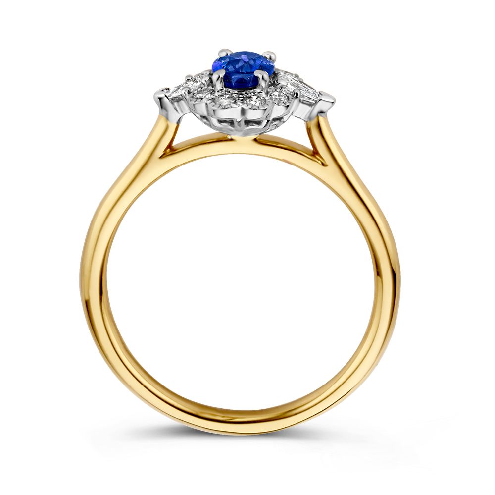 Anillo de mujer de oro de 14 quilates con ópalo azul y halo de diamantes