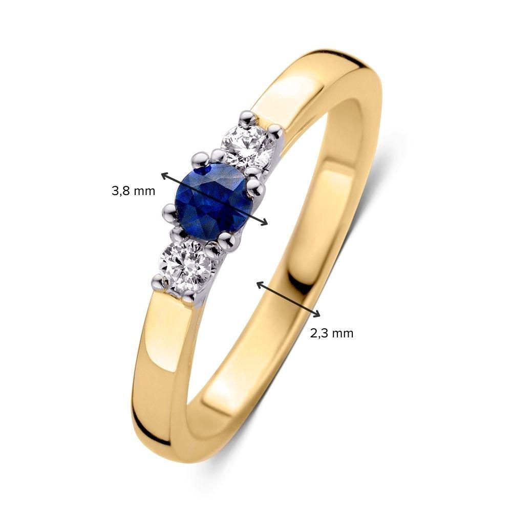 Anillo clásico de tres piedras de 14 quilates con zafiro azul y diamantes