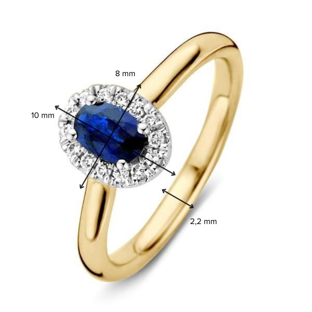 Anillo de mujer de oro de 14 quilates con zafiro azul y halo de diamantes
