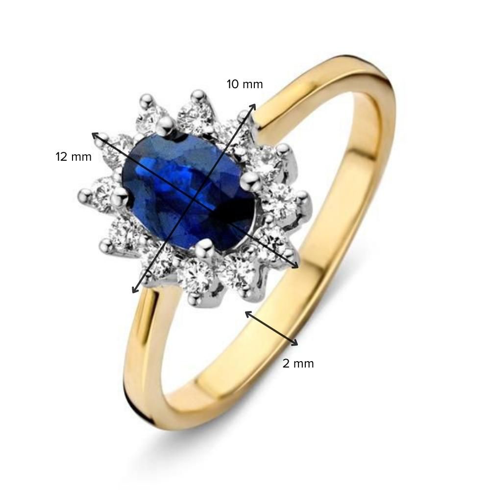 Anillo de mujer clásico de oro de 14 quilates 'Lady Di' con zafiro azul y diamantes