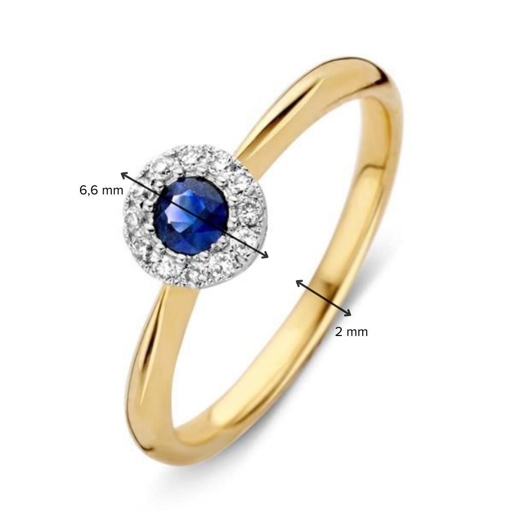 Anillo de mujer de oro de 14 quilates con zafiro azul y diamantes