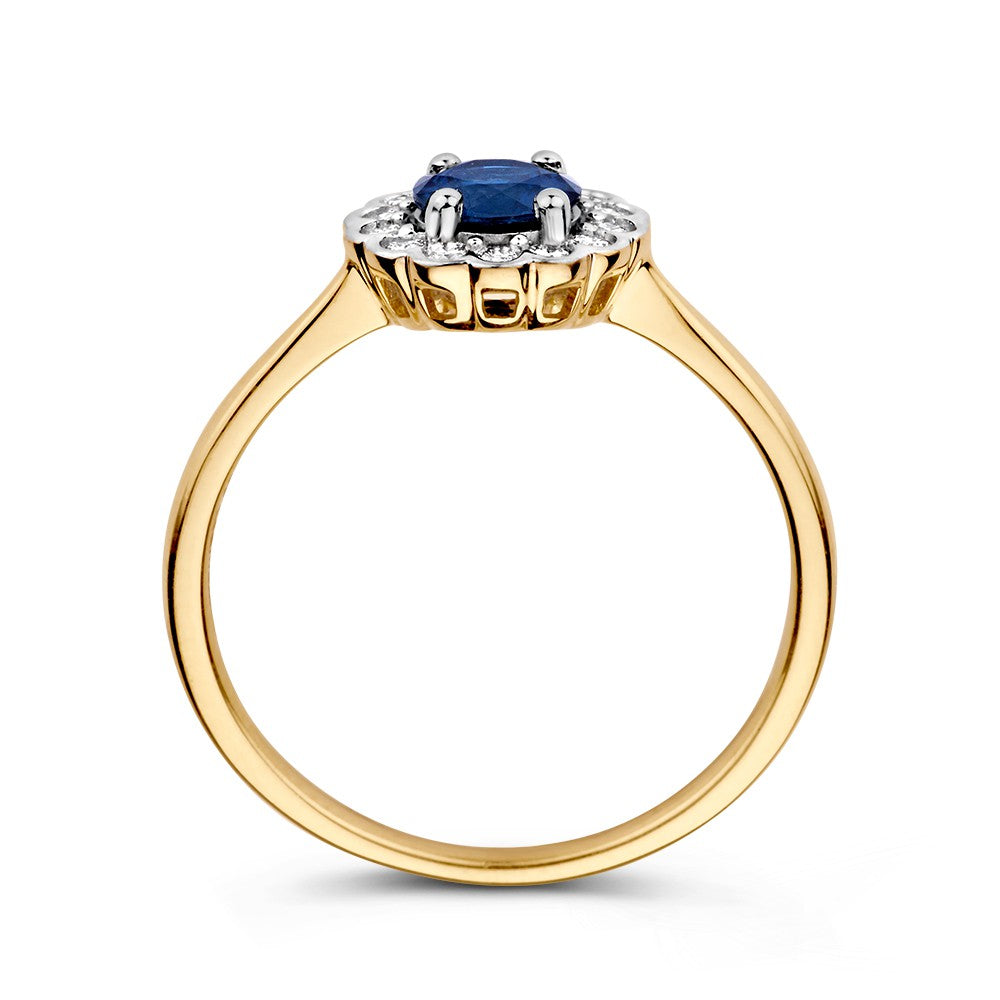 Anillo de oro clásico con zafiro azul redondo y 0.18ct diamantes