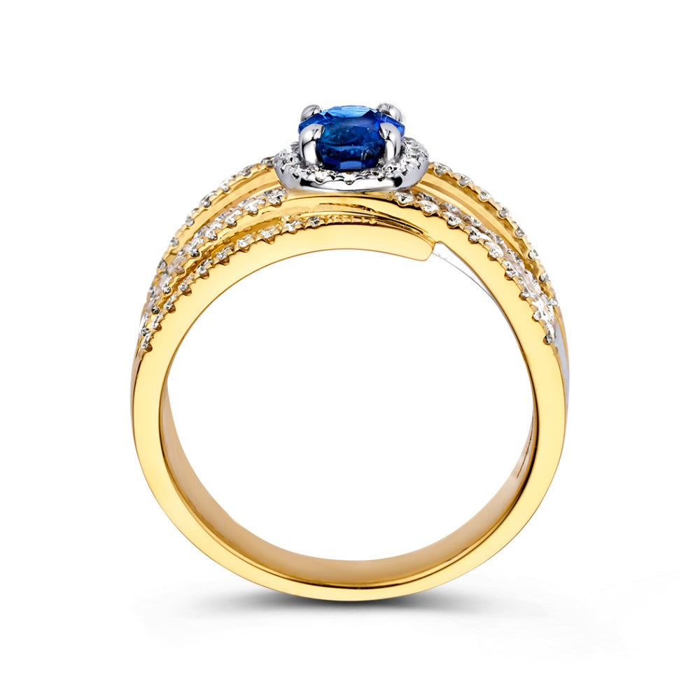 Anillo de lujo en oro con zafiro ovalado azul rey y diamantes de 1.07ct