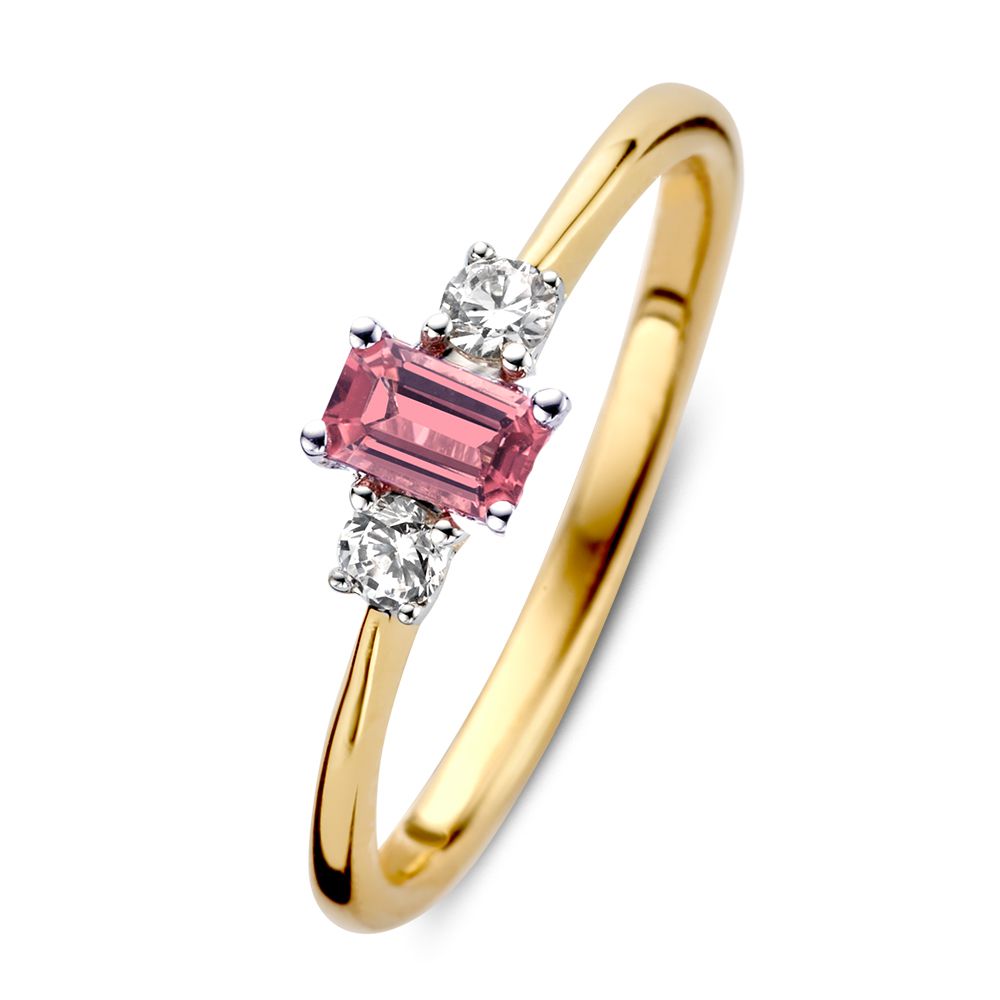 Anillo bicolor de oro de 14 quilates con tourmalina rosa en forma de baguette y diamantes.