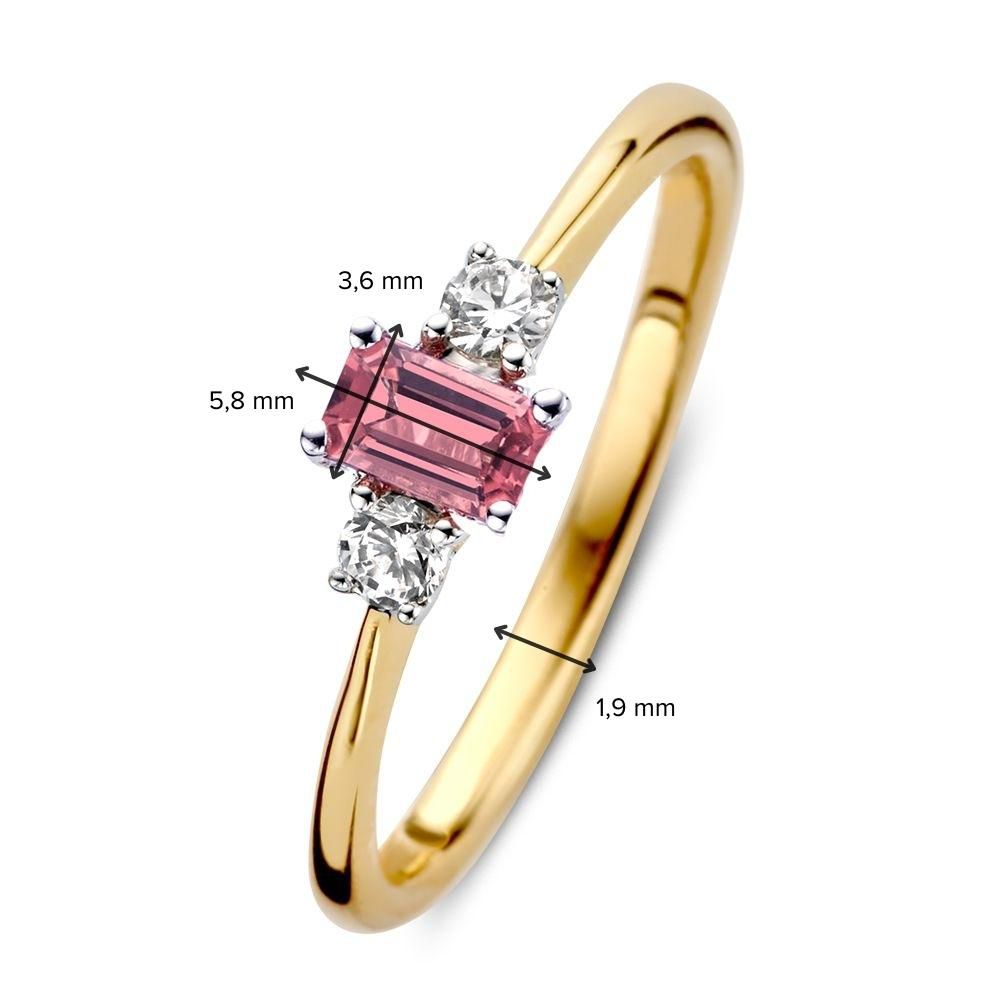 Anillo de oro bicolor de 14 quilates con turmalina rosa baguette y diamantes