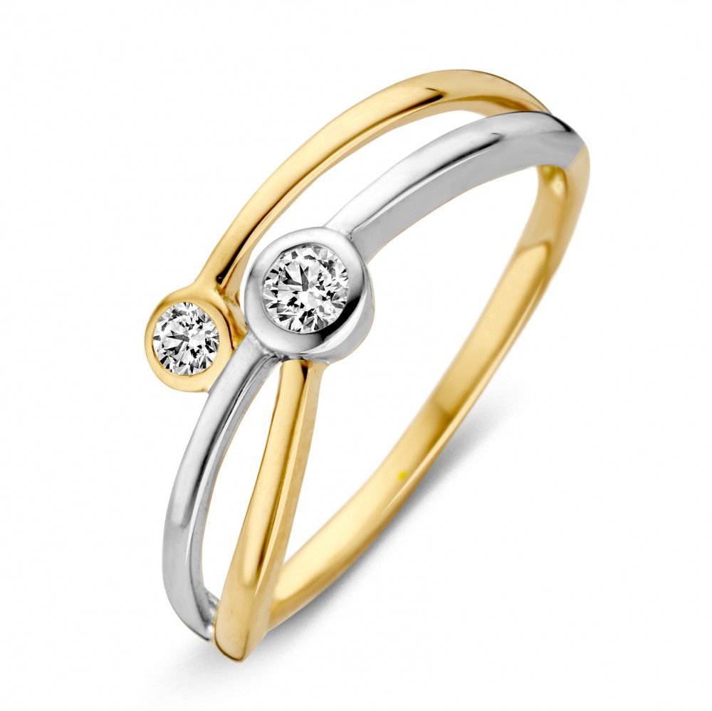 Anillo bicolor de oro de 14 quilates con dos circonitas blancas de 6.6 mm.