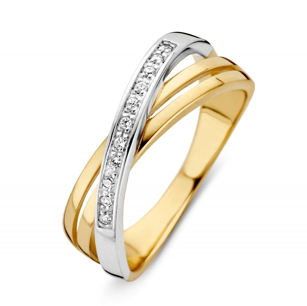 Anillo bicolor con circonitas, con una banda dorada y otra plateada, y detalles cruzados.