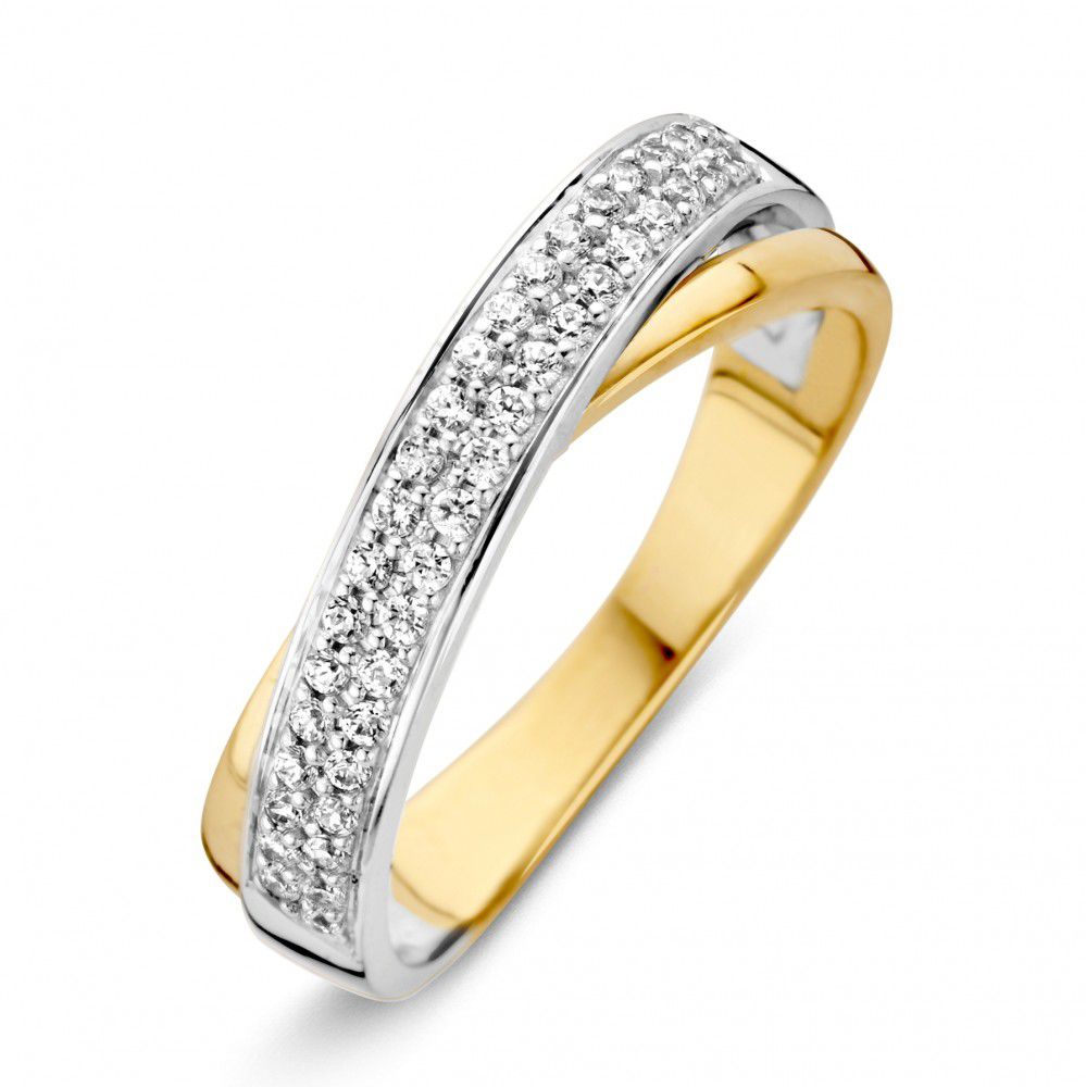Anillo bicolor de oro blanco y amarillo de 14 quilates con zircón blanco de 5 mm.