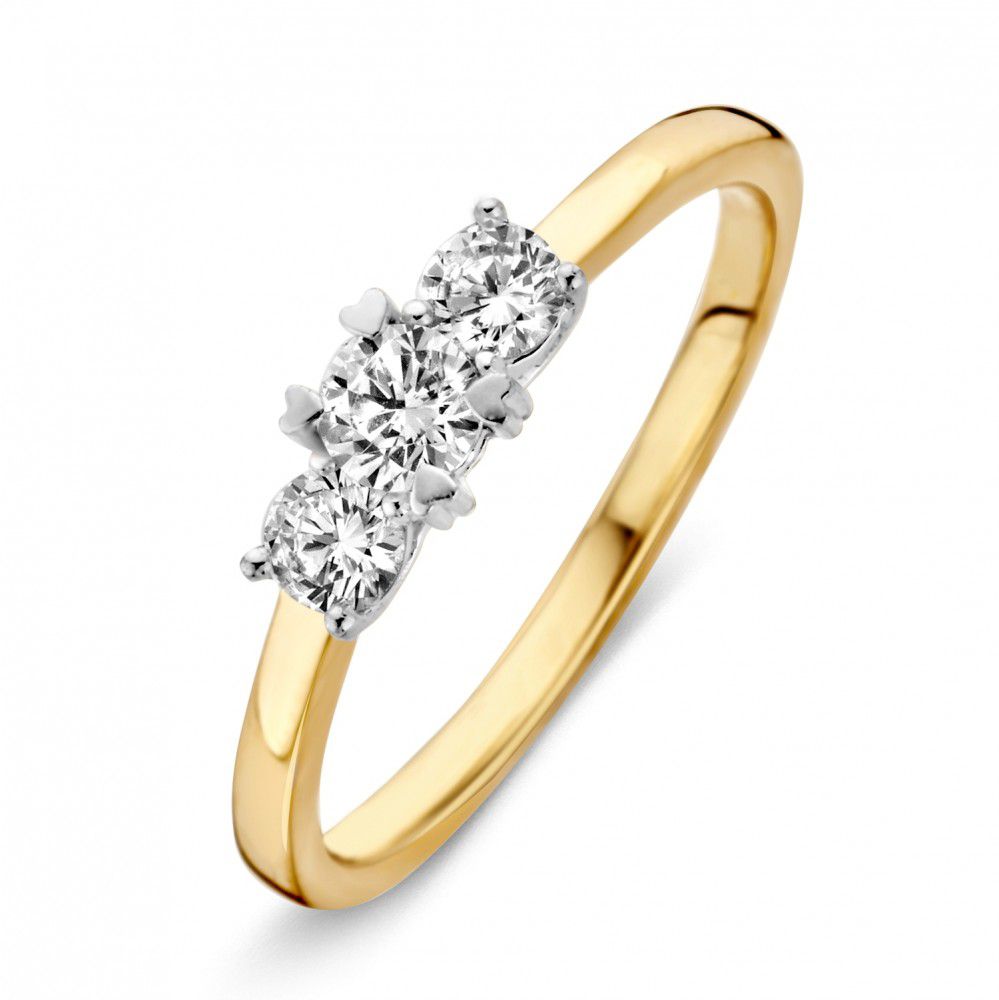 Anillo bicolor de oro de 14 quilates con tres circonitas blancas de 4.6 mm.
