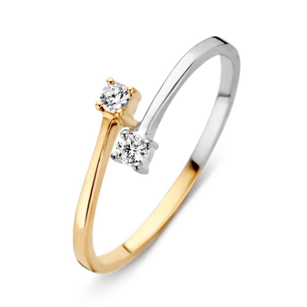 Anillo bicolor de oro de 14 quilates con dos circonitas blancas de 5.5 mm.