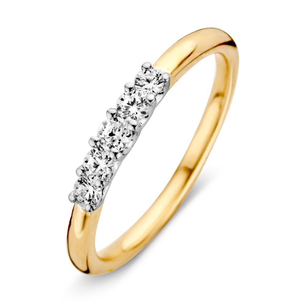 Anillo bicolor de oro de 14 quilates con cinco circonitas blancas de 3 mm.