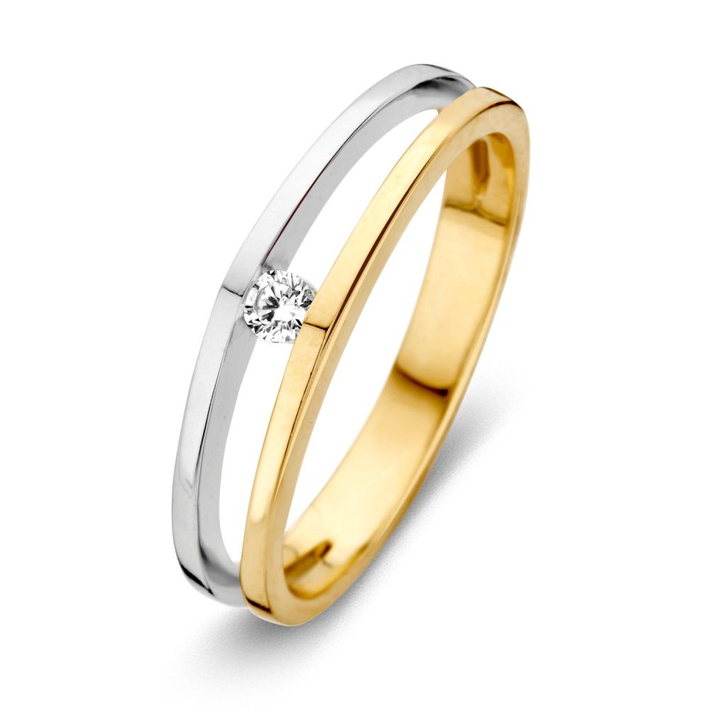 Anillo bicolor de oro de 14 quilates con una zirconia blanca de 4.7 mm.