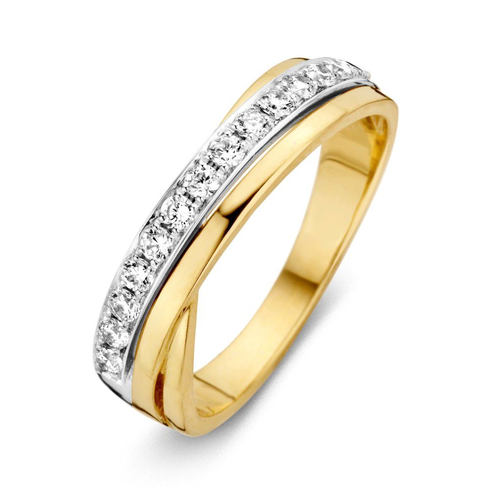 Anillo bicolor de oro de 14 quilates con circonitas blancas de 5.5 mm.