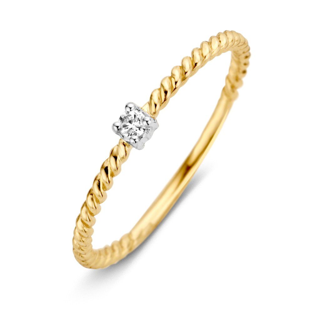 Anillo de oro amarillo y blanco con zirconia, diseño sutil y trenzado.