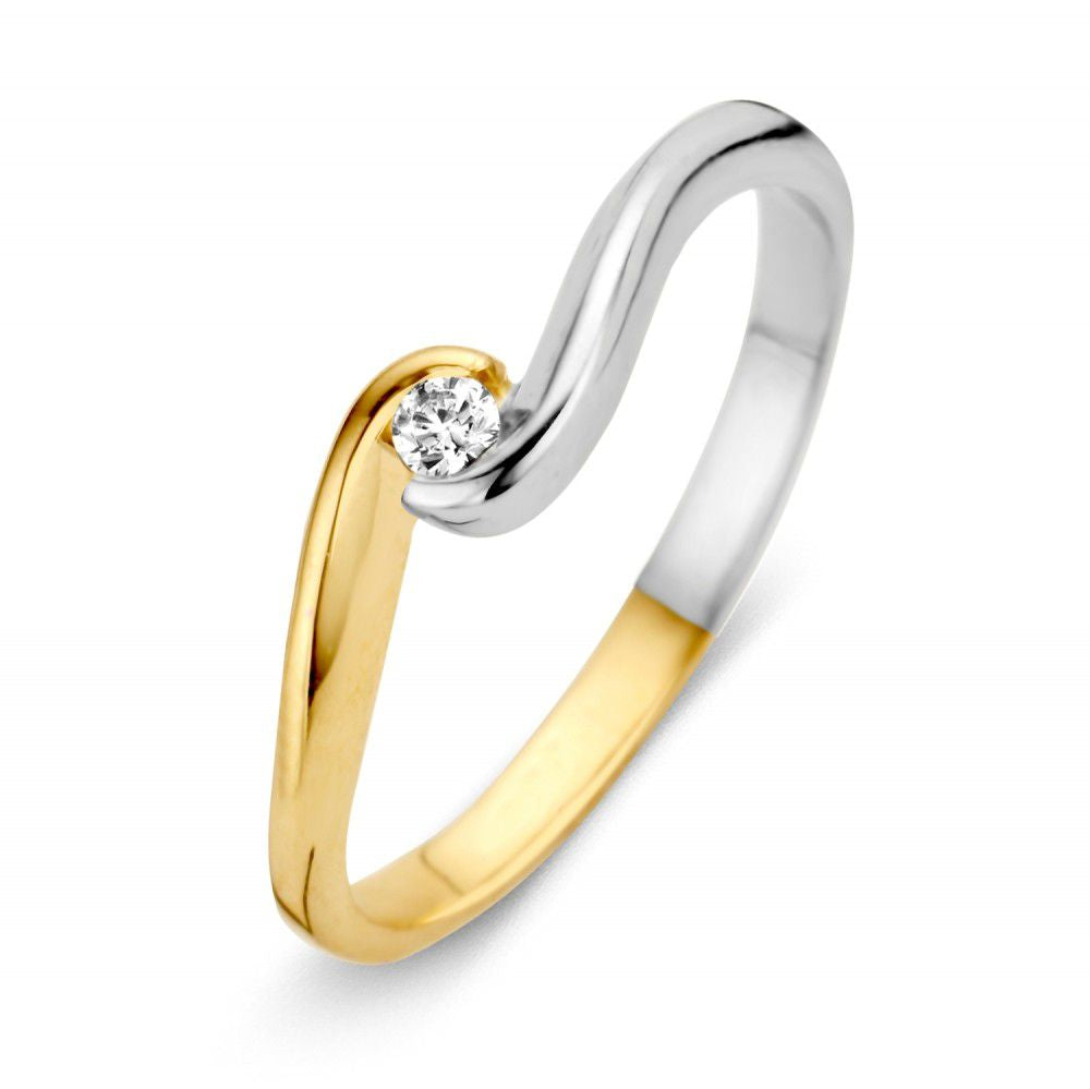Anillo bicolor refinado para dama con circonita, en oro de 14 quilates, amarillo y blanco.