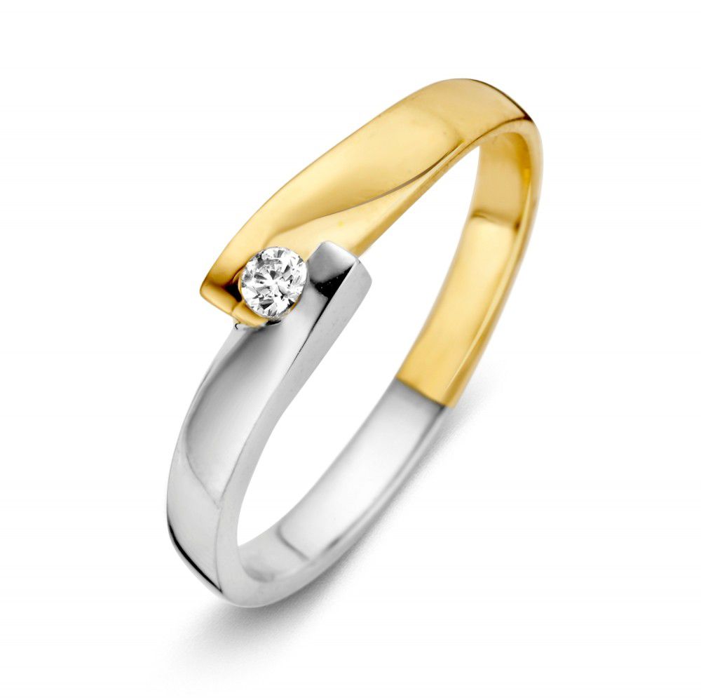 Anillo bicolor elegante de dama con circonita, en oro amarillo y blanco de 14 quilates.