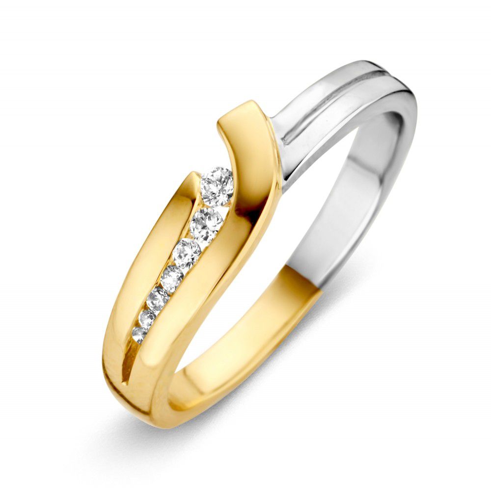 Anillo bicolor de oro de 14 quilates con circonitas, en oro amarillo y blanco, con diseño moderno.