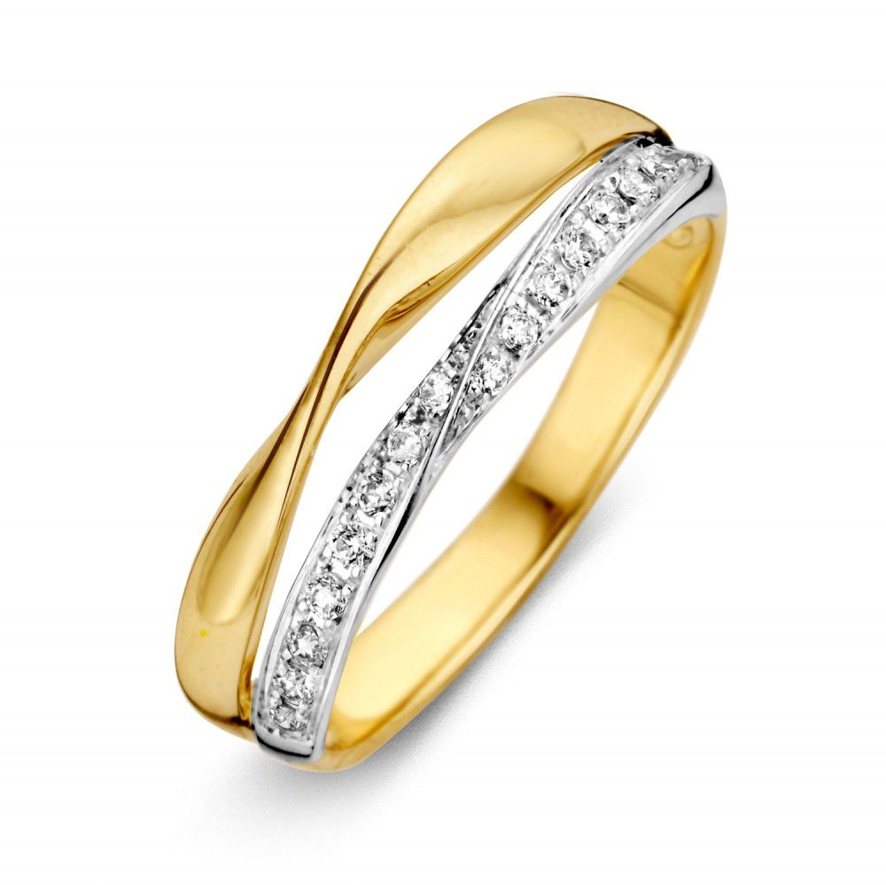 Anillo de oro amarillo y blanco de 14 quilates con zircón, diseño elegante y sutil.