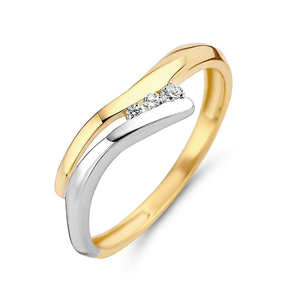 Anillo bicolor de oro de 14 quilates con tres zircones blancos, diseño entrelazado de 5.3 mm.