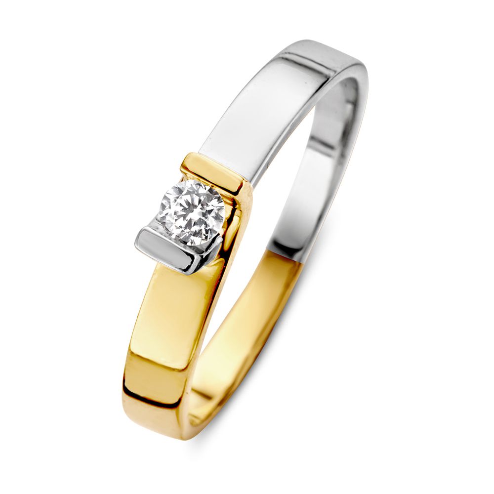 Anillo bicolor de 14 quilates en oro amarillo y blanco con circonita, diseño elegante y sutil.