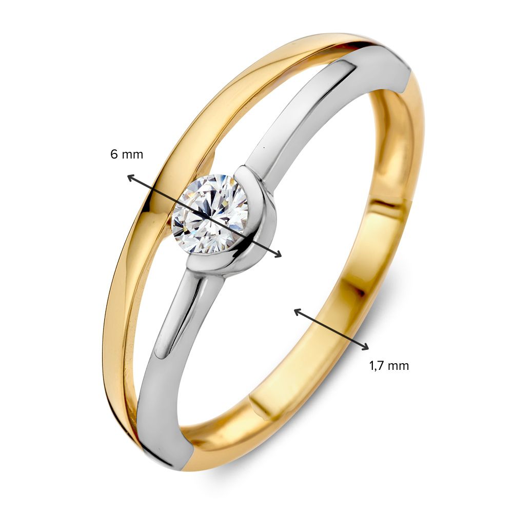 Anillo de mujer bicolor de oro amarillo y oro blanco con deslumbrante circonita | 14 quilates de oro | Elegante anillo de 6 mm de ancho | Joya de lujo moderna