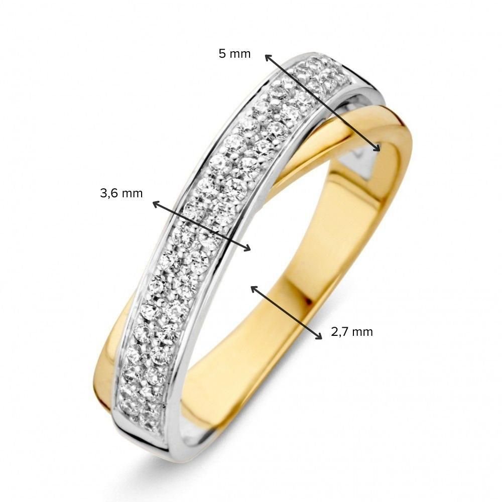 Anillo de mujer bicolor de oro blanco y oro amarillo con circonitas blancas 14 quilates 5mm