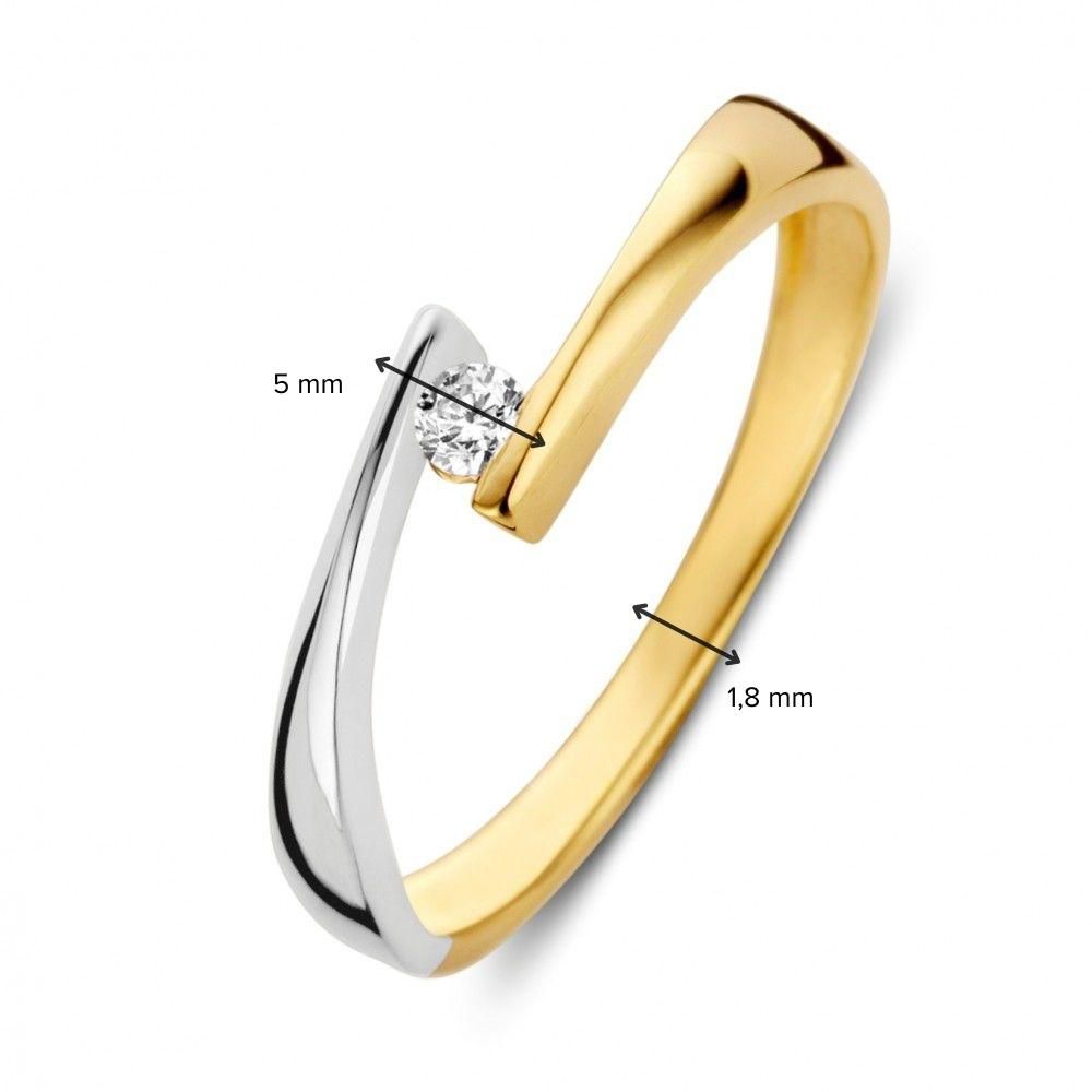 Anillo bicolor de oro blanco y oro amarillo con circonitas blancas 14 quilates 5mm