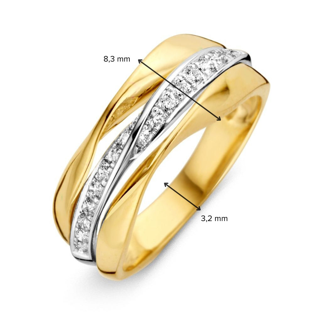 Anillo de mujer bicolor ancho con circonitas – Lujo 14 quilates oro amarillo/blanco