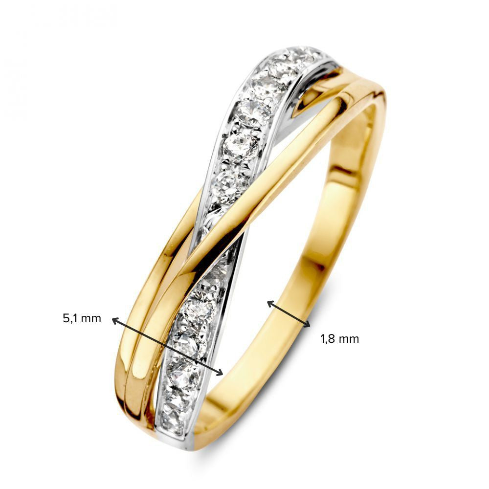 Anillo de mujer bicolor de oro amarillo y oro blanco con circonitas | 14 quilates | Anillo elegante y refinado