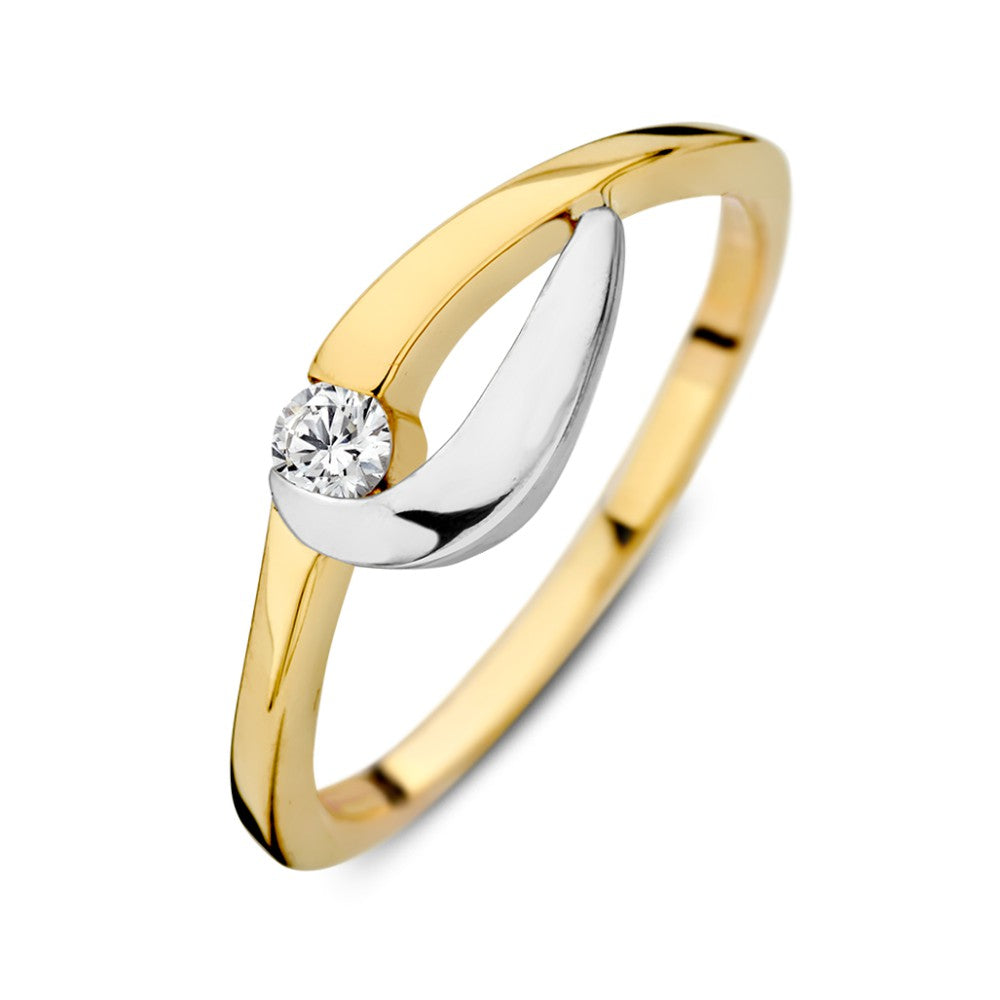 Anillo de oro amarillo y blanco de 14 quilates con circonita, diseño moderno y acabado brillante.