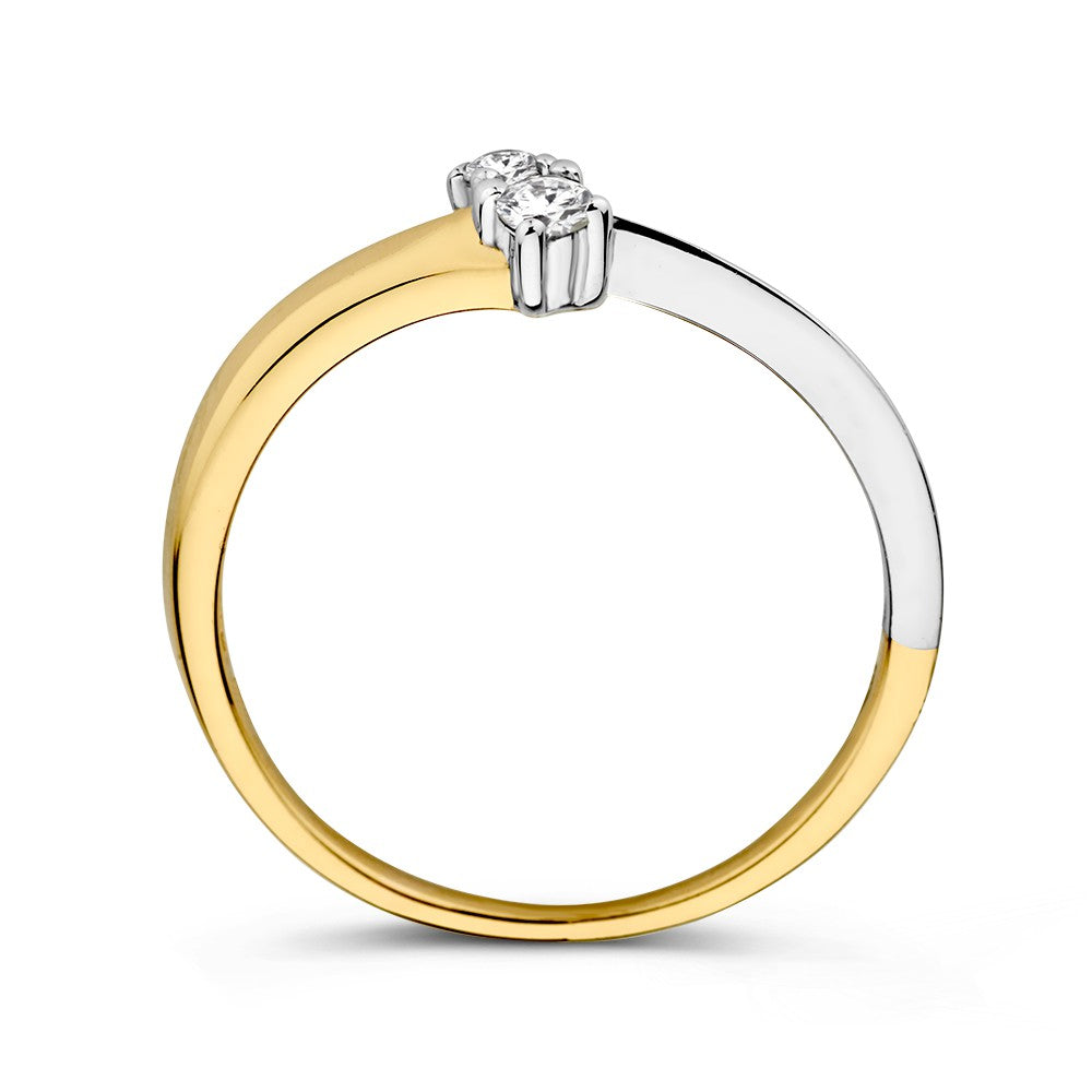 Anillo de golpe bicolor de oro blanco y oro amarillo con circonitas – Joya elegante de mujer