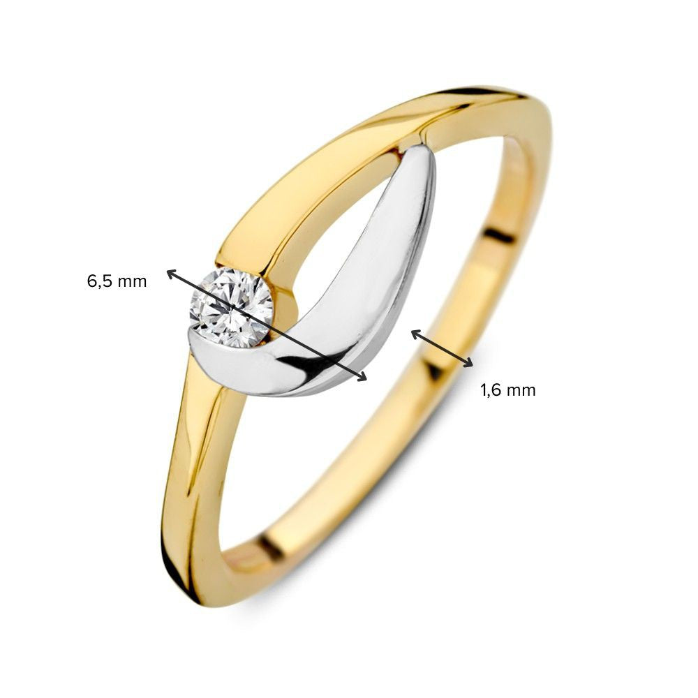 anillo de 14 quilates en oro amarillo y oro blanco con circonitas, 6.5 mm, anillo de mujer