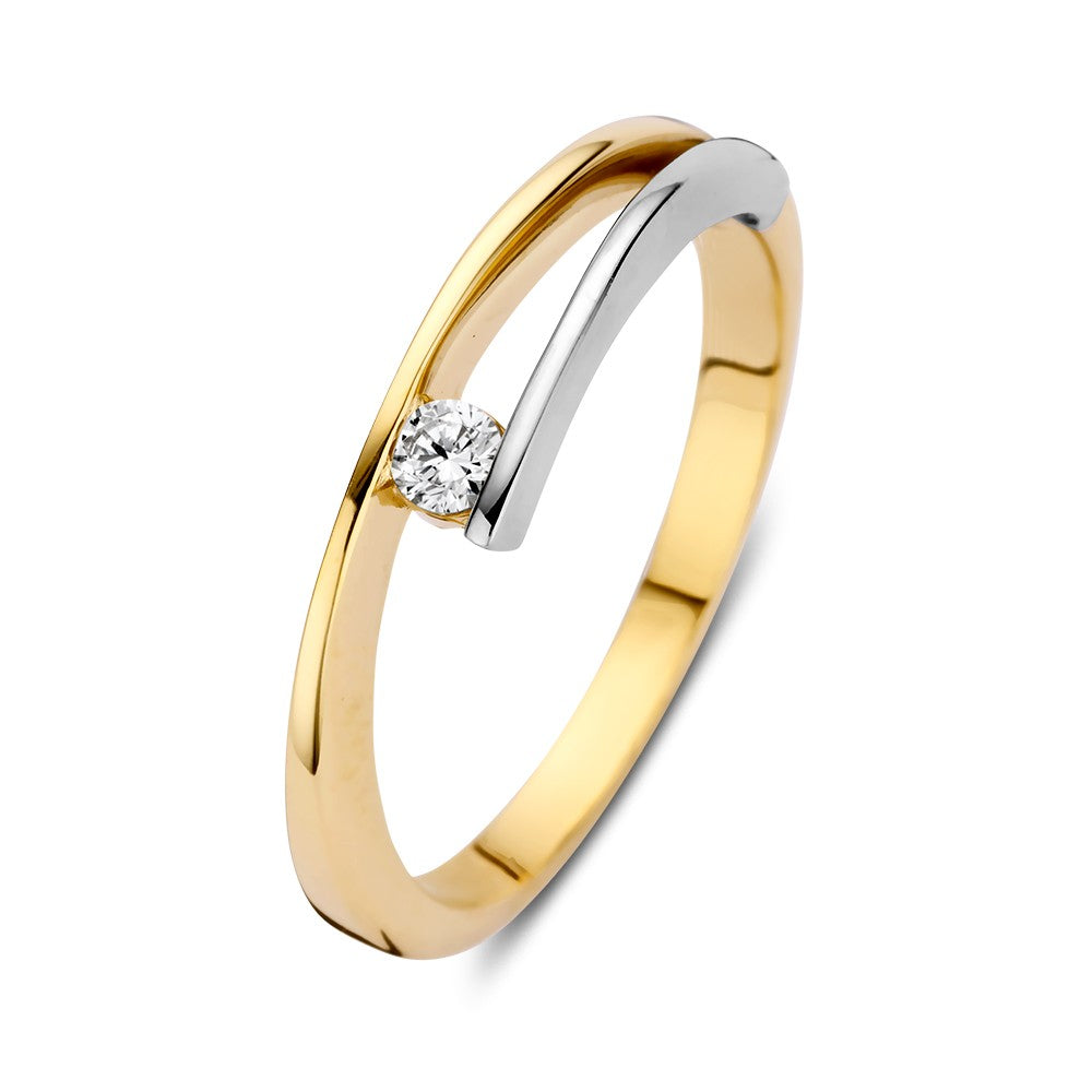 Anillo bicolor de oro amarillo y blanco con circonita de 14 quilates, ancho de 5,5 mm.