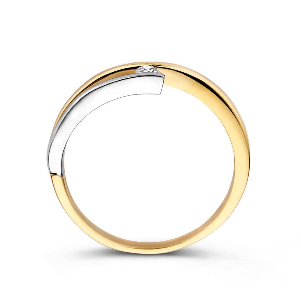 Anillo bicolor de oro amarillo y oro blanco con circonitas – 14 quilates, 5,5 mm