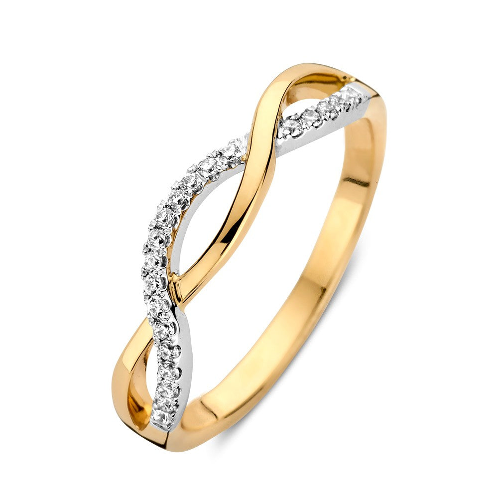 Anillo bicolor de oro blanco y amarillo con banda trenzada y circonitas.